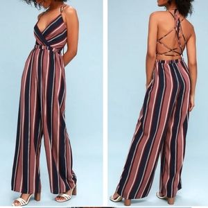 Navy Blue and Mauve Striped Lace-up Jumpsuit